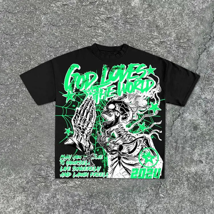 Casual Short Sleeve God Loves The World Graphics 100% Cotton T-Shirt Men Summer Y2K Vintage Oversize Tshirt Streetwear Women Top