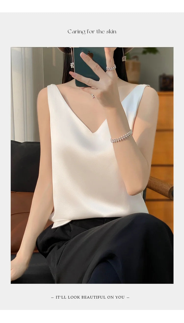 2024 New Silk Satin Women's Tank Top Basic V-neck Multi Color White Black Women's Sleeveless Top Summer Sexy Bottom