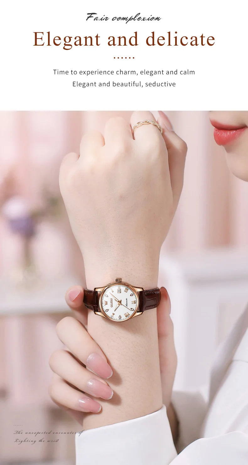 OLEVS 9932 Women's Automatic Mechanical Wristwatch Leather Strap Waterproof Dual Calendar Wristwatch Luxury Elegant Ladies Watch