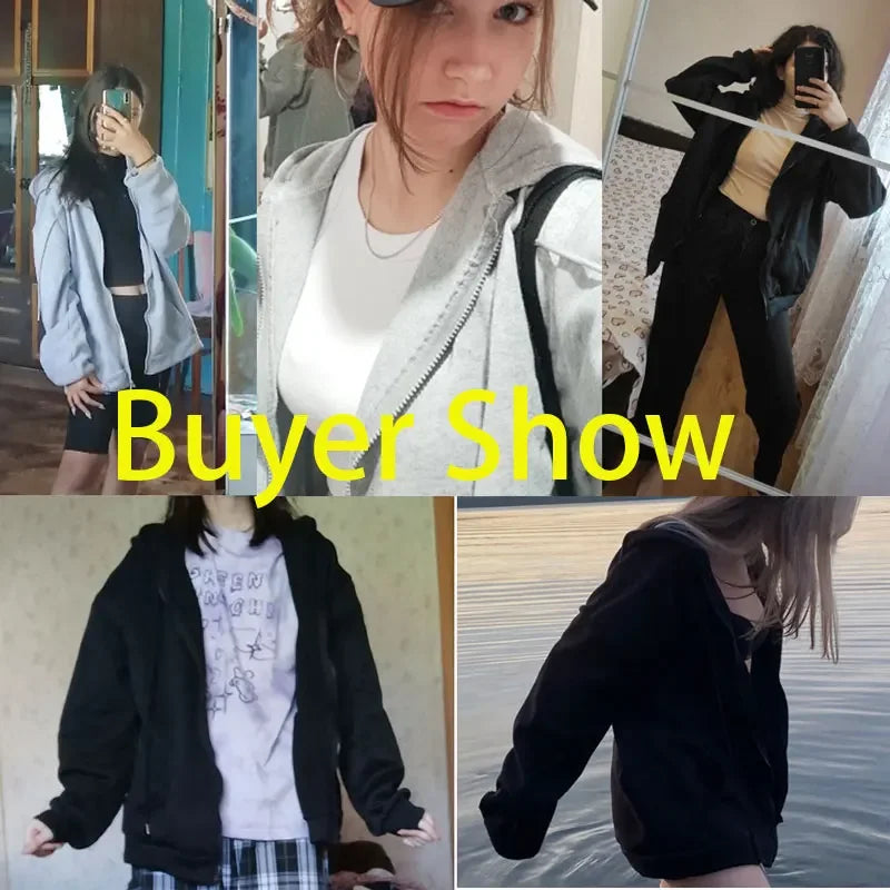 Women Solid Hoodies Coat Harajuku Basic Long Sleeve Spring Autumn Loose Zip Up Casual Oversized Sweatshirts Jacket with Pocket