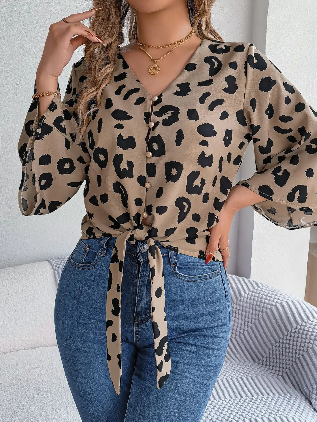 Spring Summer Casual Leopard Print Middle Sleeve Tie Bow Top Women Button Shirt