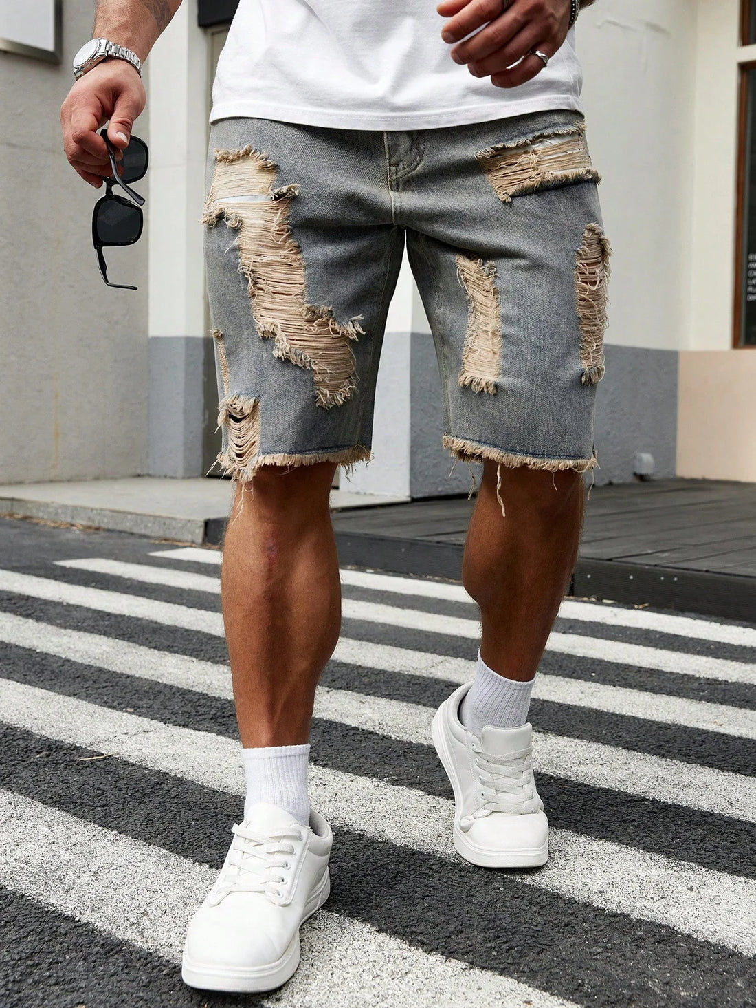 Summer New Men's Fashion Stretch Denim Shorts Retro High Street Style Old Slim Fit Short Jeans Splicing Design Cotton Brand