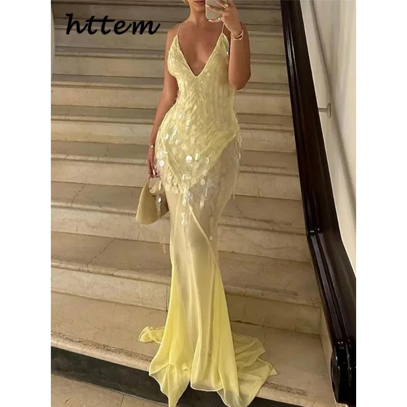 Sexy Sequins Backless Long Mermaid Dress Women Bodycon Halter Neck Sleeveless See Through Party Dresses 2024 Autumn Evening Gown