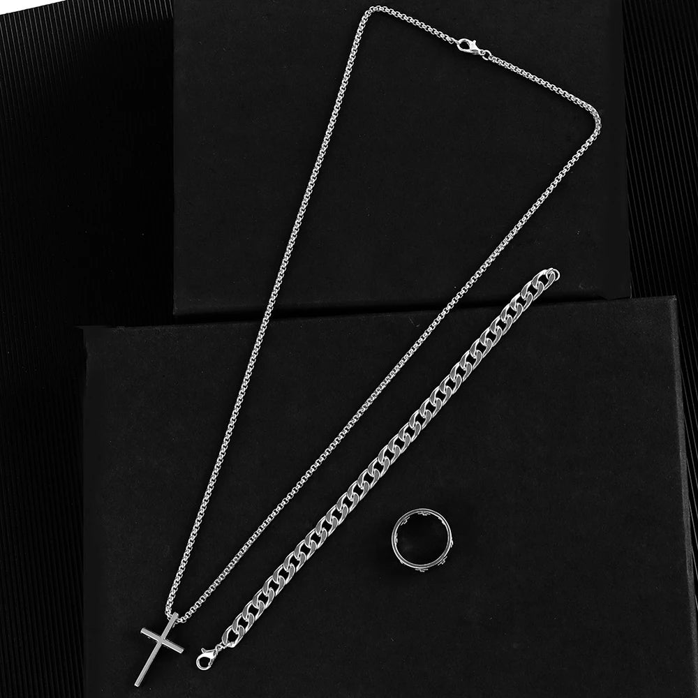 3pcs Set Men's Stainless Steel Metal Cross Pendant Chain Necklace Bracelet Ring Jewelry Set Male Hip Hop Daily Wear Accessories