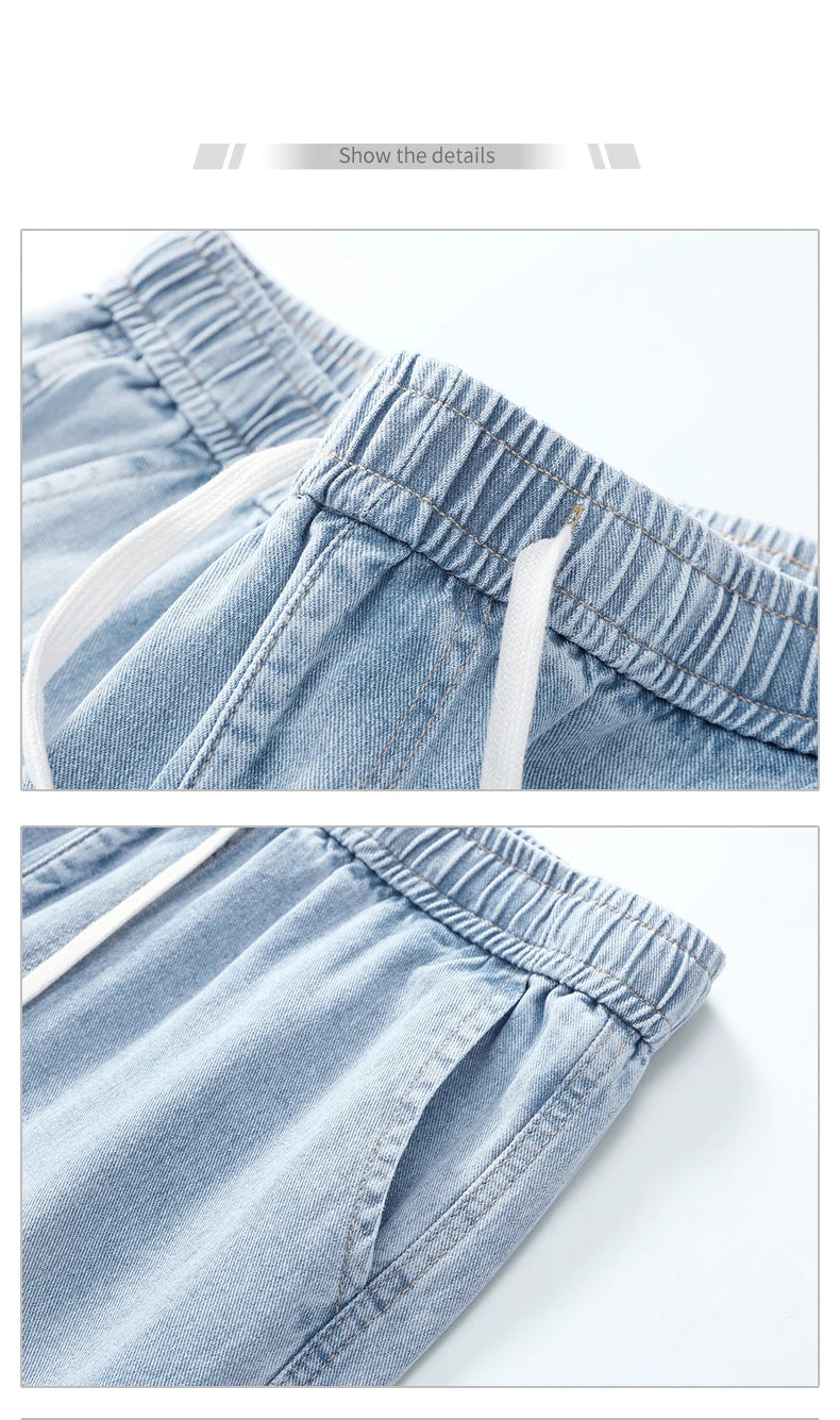 Casual Denim Shorts Men Elastic Waist Straight Comfortable Light Blue Soft Short Pants Baggy Wide Bermuda Male Jeans