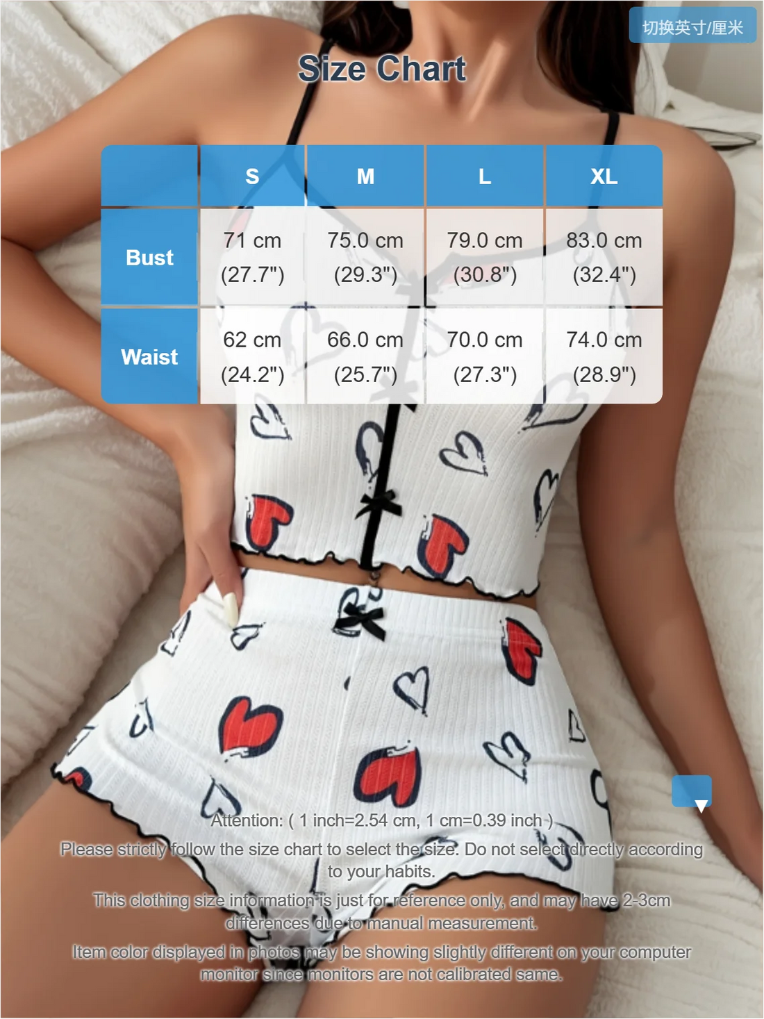 Women's Cute Pajama Set Heart Print Lettuce Trim Bow Front Cami Top and Shorts Pj Set Soft Sleepwear