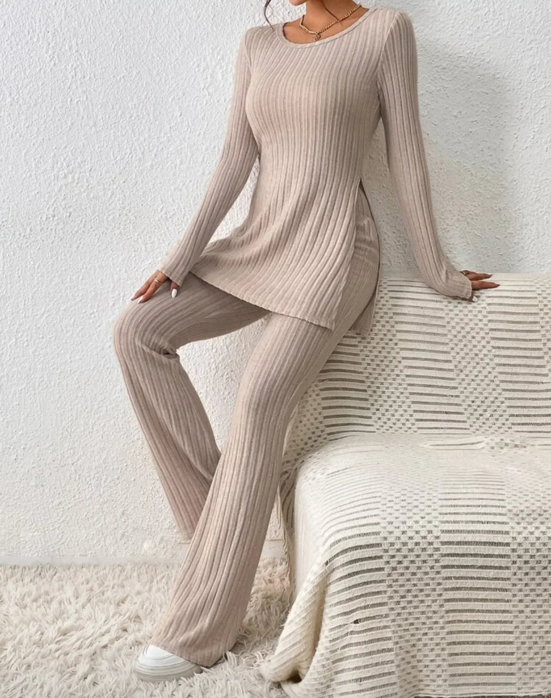 Autumn Winter Fashion Knit Suit 2024 Casual Loose Pullover+Elastic Long Pants Print Knitted Solid Two Pieces Sets Women Clothing