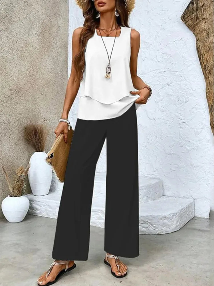 Elegant Square Collar Top Wide Leg Pants Two-piece Set 2025 New Women's Sleeveless Double-layer Vest Pants Set Woman Rompers