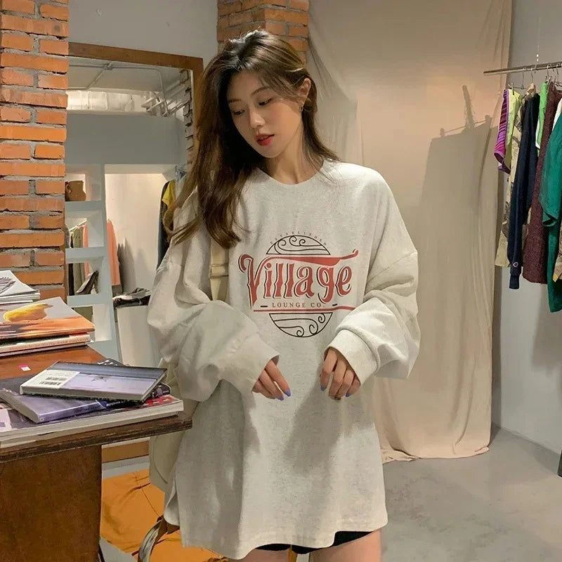 Spring Autumn Long Sleeve Sweatshirt casual O-Neck Hoodie Women's Loose Thin Polyester T-shirt Minimalist Style Letter Print Top