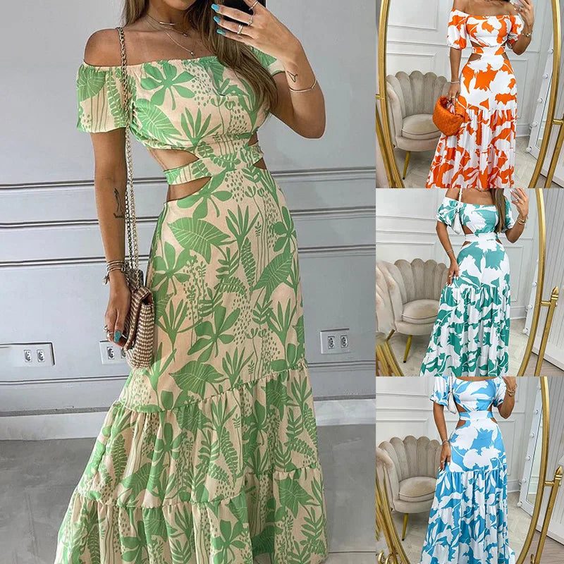 Sexy Women's Temperament Commuting Slim Fit Printing Hollow Lace up Large Swing Dress Women's Fashion Short Sleeve High Waist Dr