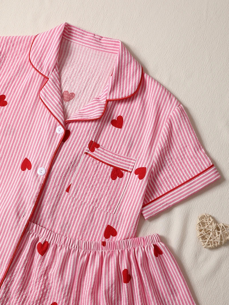 Stylish Women's Pink Heart Print Pajama Set Short Sleeve Lapel Top And Comfy Elastic Shorts Suit For Summer Loungewear Homewear