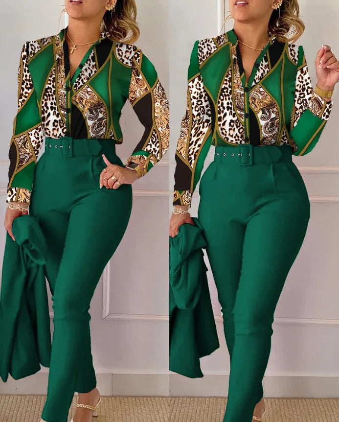 Autumn Winter Stand Neck Floral Print Long Sleeve Shirt Pants Two Piece Sets Elegant Women Casual Shirt Trousers Suits With Belt