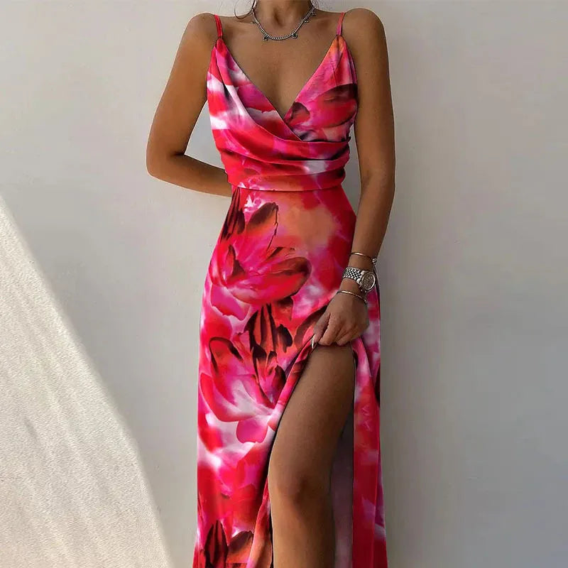 Women Print Dress Camisole V Neck Sleeveless A Line Long Dresses Spaghetti Strap Sexy Evening Skirt Prom Summer 2025 Vestidos