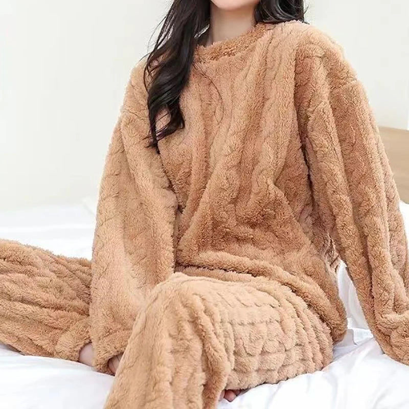 Autumn Women Solid Warm  Thicken Velvet Ribbed Fleece Set Pullover And Pants Women Casual Pajama Sets 2024