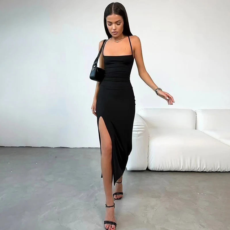 Summer Fashion Dress Women New Sleeveless Backless Bandage Bodycon Sexy Split Dresses Casual Streetwear Club Party Elegant Dress