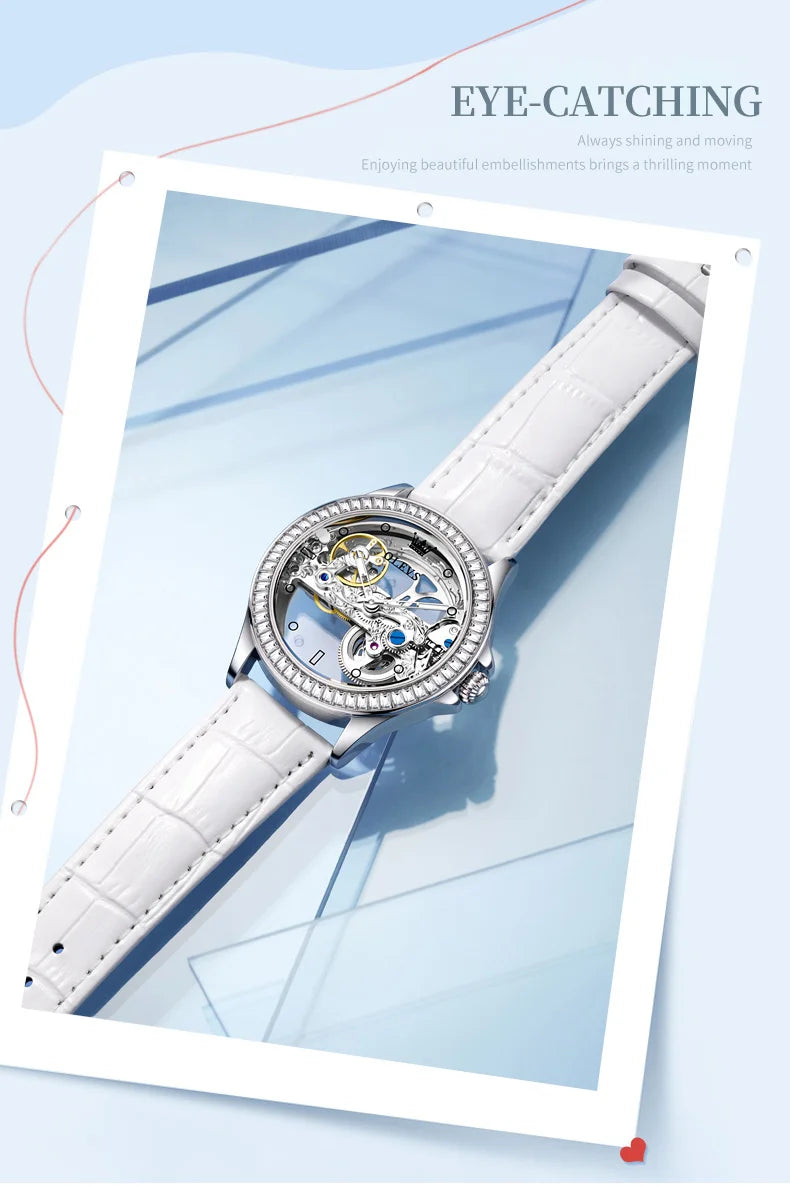 OLEVS Luxury Women Automatic Mechanical Watch Stainless Steel Diamond Inlay Fully Hollow Design Luminous Dial Elegant Wristwatch