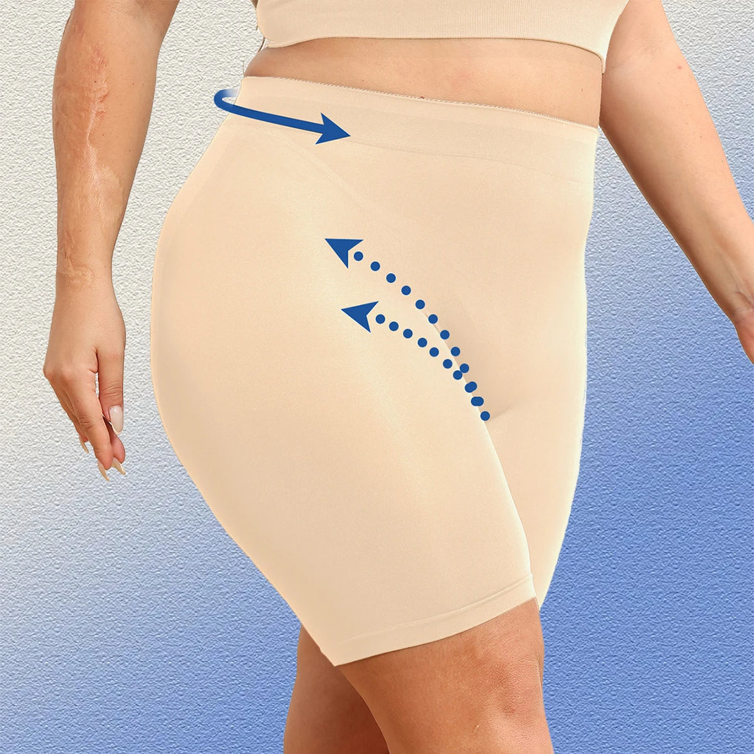 Plus-size women's shorts with tummy control and butt-lifting features to prevent exposure and provide safety shorts.