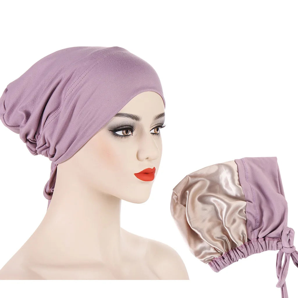 Double Layer Satin Hijab Cap for Women, Islam Undercap with Tie Bonnet, Instant Hijabs, Turkish Scarves, Muslim Turban, Bandana