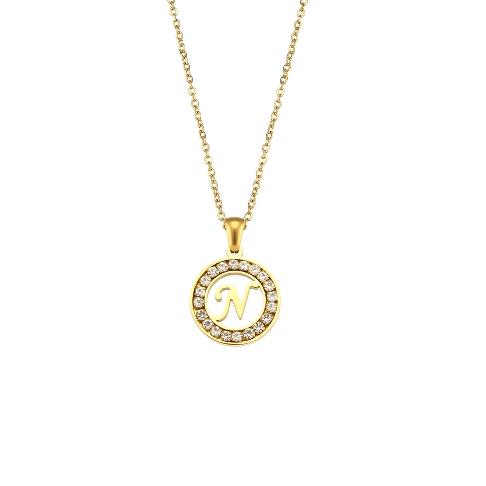 E.B.belle Hollow Round Zircon Paved 26 Alphabet Initial Necklace Ladies Elegant Birthday Gift 18K Gold Plated Letter Necklace