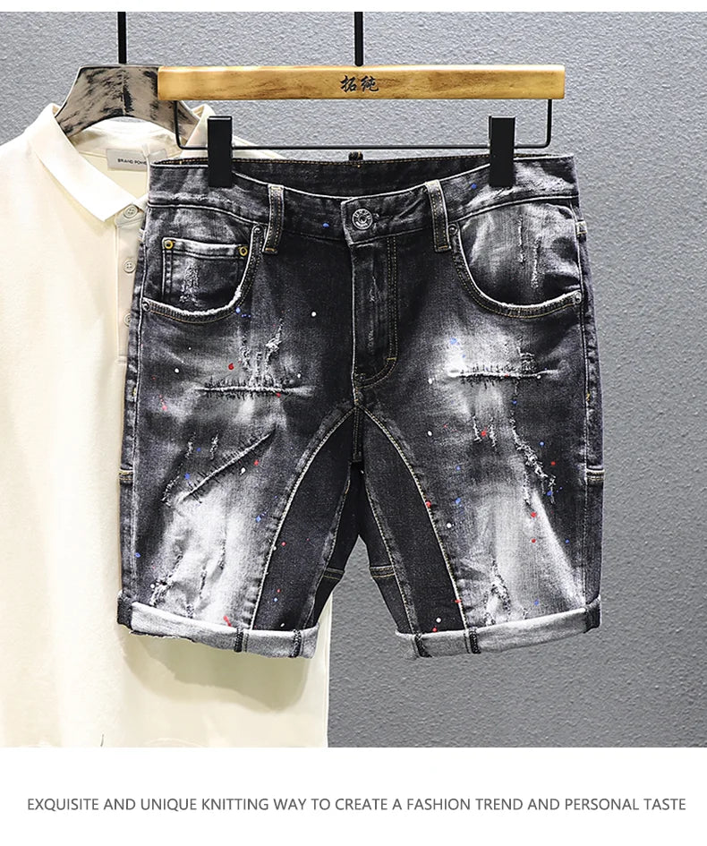 Tie-dye Fashion Paint Spots Denim Shorts Men's Summer New Ripped Retro Dilapidated Male Streetwear Short Jeans