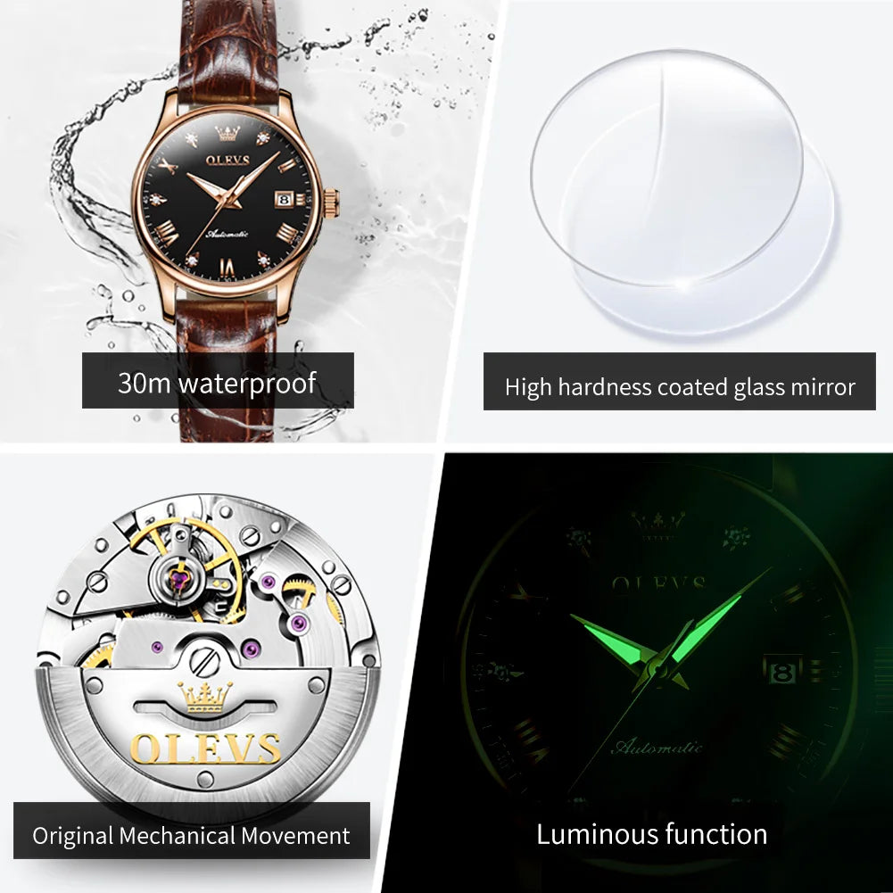 OLEVS 9932 Women's Automatic Mechanical Wristwatch Leather Strap Waterproof Dual Calendar Wristwatch Luxury Elegant Ladies Watch