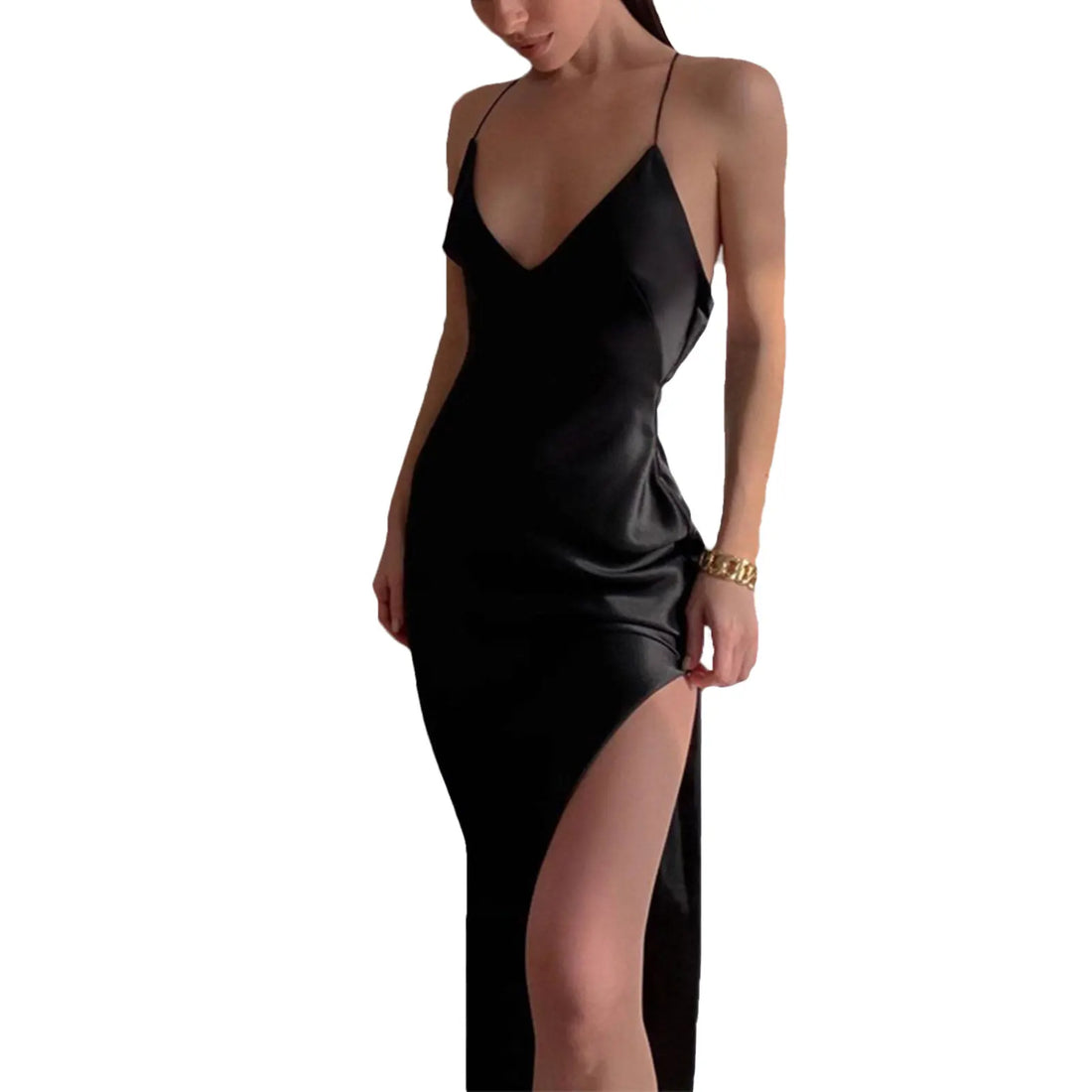 Women Summer Satin Silky Spaghetti Strap Split Long Dress Elegant Sleeveless Backless Club Party Beach Sexy Dresses Vestito 2021