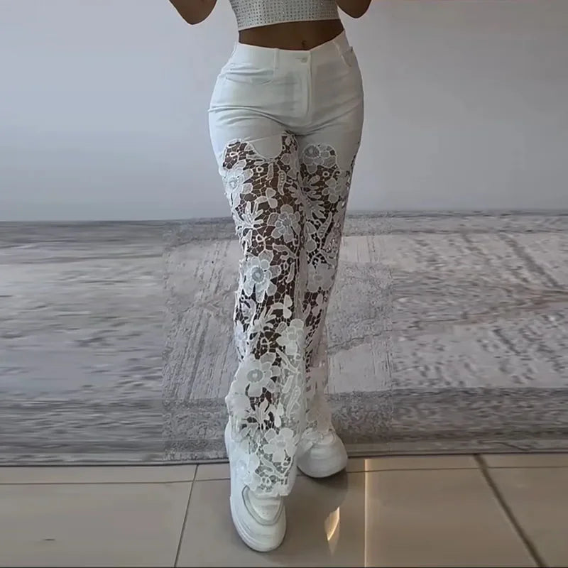 Retro Lace Patchwork Women Blue Denim Pants High Waist Wide Leg Baggy Jeans Chic Y2k Fashion Casual Elegant High Street Trousers