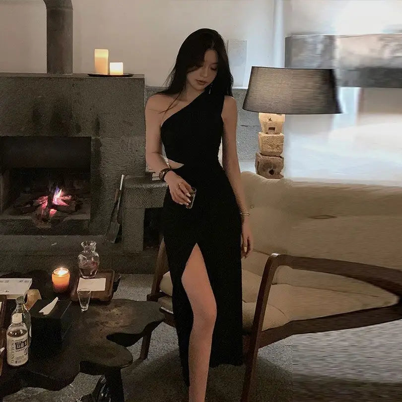 Summer New Oblique Shoulder High Waist Split Sexy Bodycon Dress Korean Elegant Women's Party Dress for Special Occasions