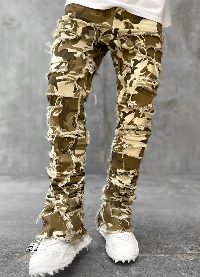 New European Camo Pants Men High Street Slim Fit Stretch Patched Denim Ripped Male's Stacked Jeans Men's camouflage jeans