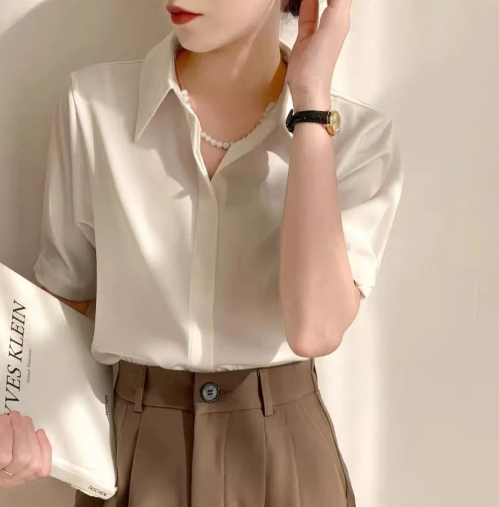 Summer Women's Blouse Casual Loose Short Sleeve Ladies' Shirt Fashion White Pullover Button Up Female Clothing Elegant Waman Top