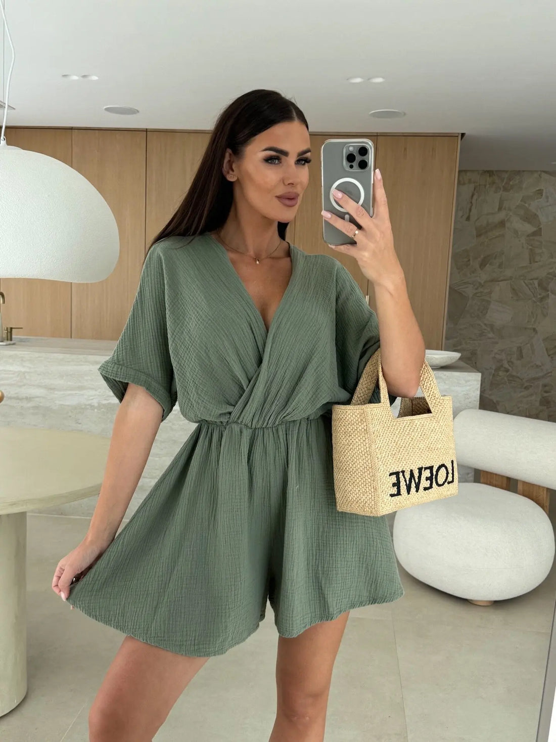 Summer Women's Jumpsuit Short Sleeved V-neck Fashionable Casual Waist Cinched Solid Color Jumpsuit