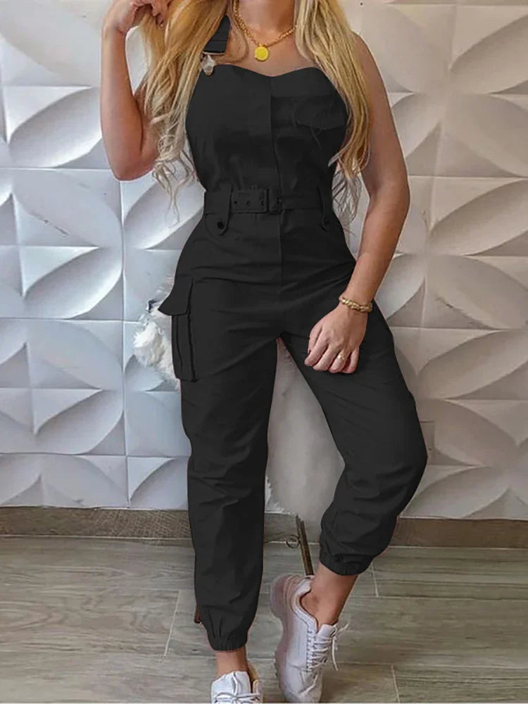 Sleeveless Cargo Long Jumpsuits For Women Casual Slim Solid Basic Women's Overalls Fashion Vintage Summer Playsuits