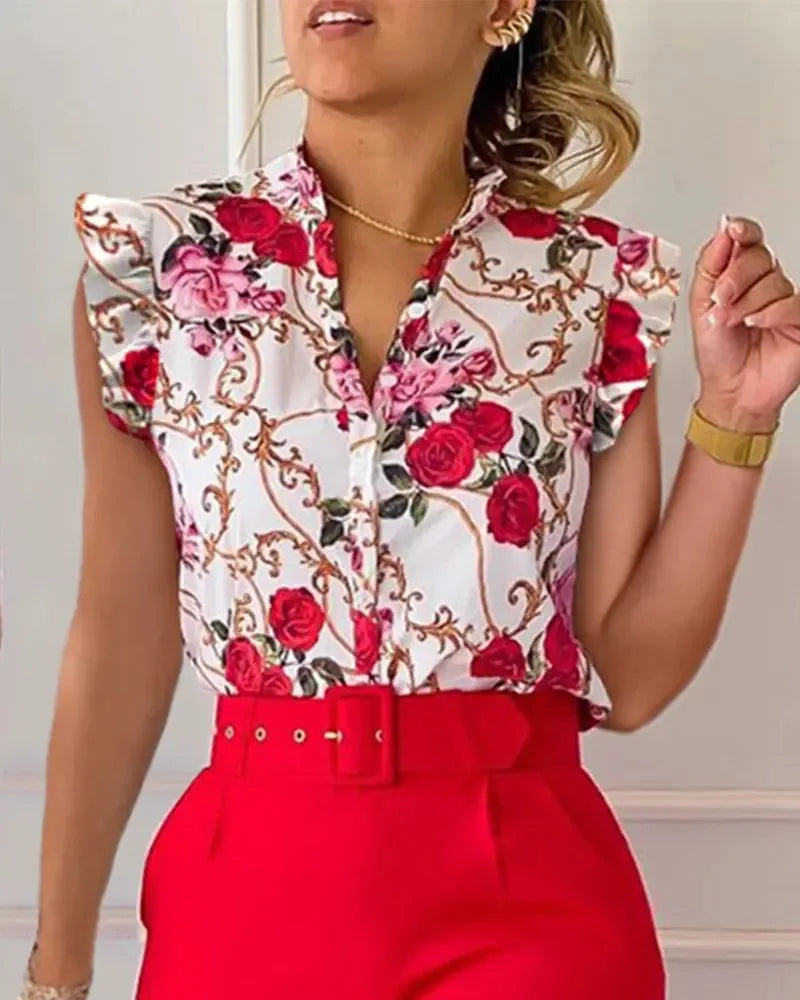 Spring Summer Women's New Printed Lotus Leaf Sleeveless Shirt Suit Elegant Slim Femal Office  Long Pants Belt Two Piece Set 2025