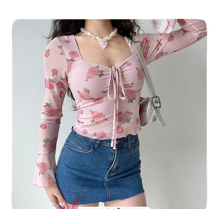 HELIAR Women Floral Printed Sweet Holiday T-shirts Flare Sleeve Lace Up Chiffon Office Blouse Mesh Beach Tees Top Spring Summer