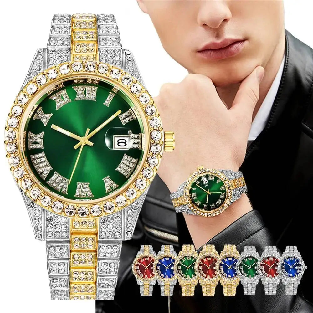 Luxury Full Diamond Men Watches Fashion Stainless Steel Strap Male Quartz Wristwatches Date Calendar Watch Reloj Hombre