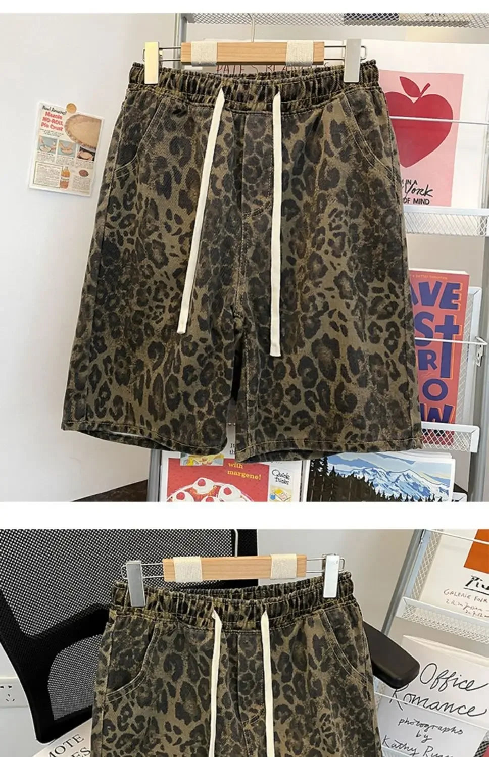 American Retro Leopard Print Denim Shorts Men's High Street Niche Loose Design Five-point Mid-pants