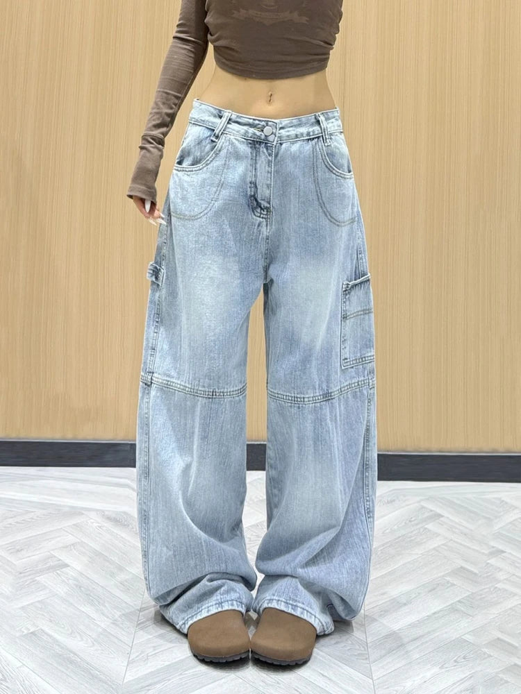 American Retro Cleanfit Print Baggy Jeans Women Y2K Pocket Loose Wide Leg Jeans Cargo Pants Korean Trend Denim Pants Streetwear