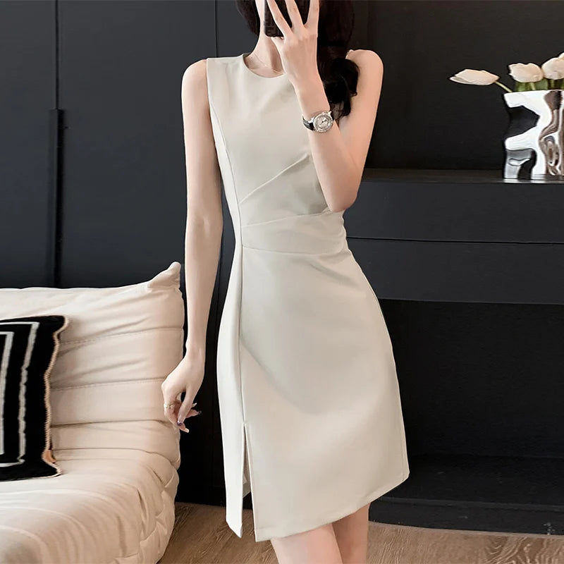ZANZEA 2024 Elegant Mini Dress Summer Women Sleeveless O-neck Tank Dress Fashion Draped Short Robes Office Slit Hem Vestidos