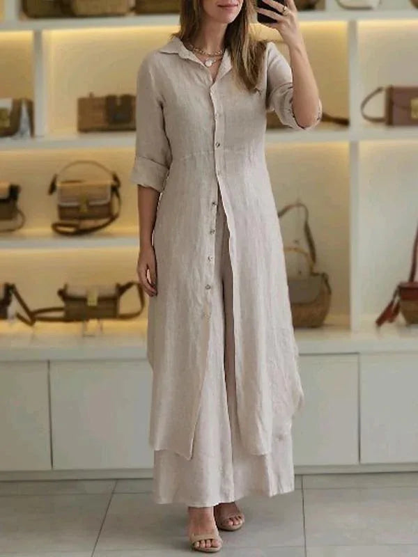 Elegant Lapel Single-breasted Long Shirt + Wide-leg Pants 2-piece Set Women Fashion Solid Color Waisted Office Shirt Suit Female