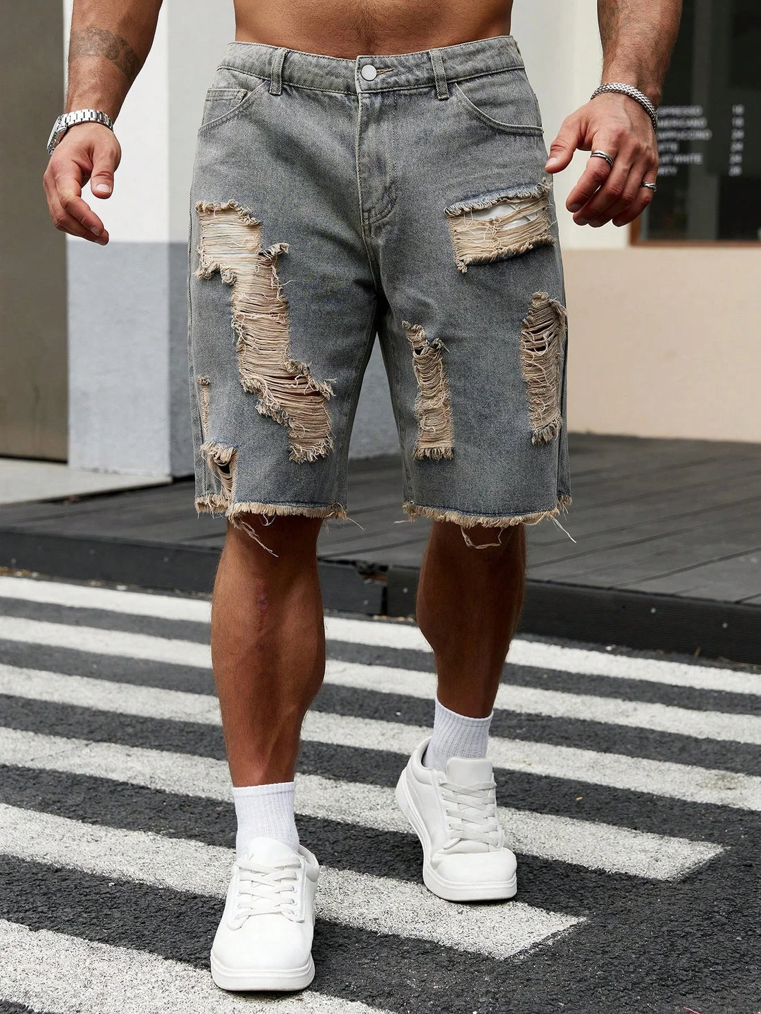 Summer New Men's Fashion Stretch Denim Shorts Retro High Street Style Old Slim Fit Short Jeans Splicing Design Cotton Brand