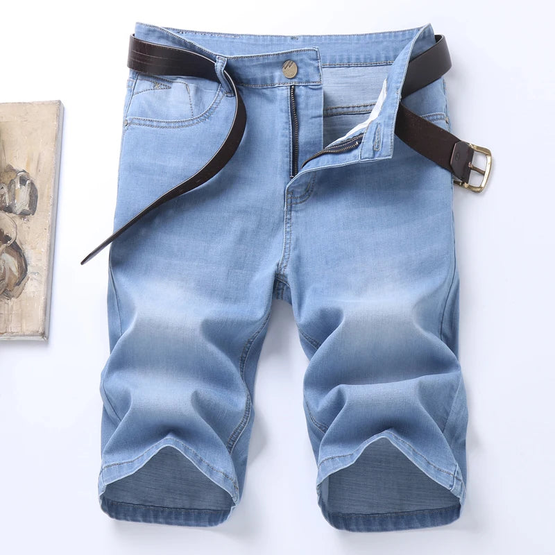 Summer Classic Shorts Jeans Men Denim Pants Straight Stretch Casual Cool Thin Knee Length Sky Blue Fashion Brand Daily Trousers