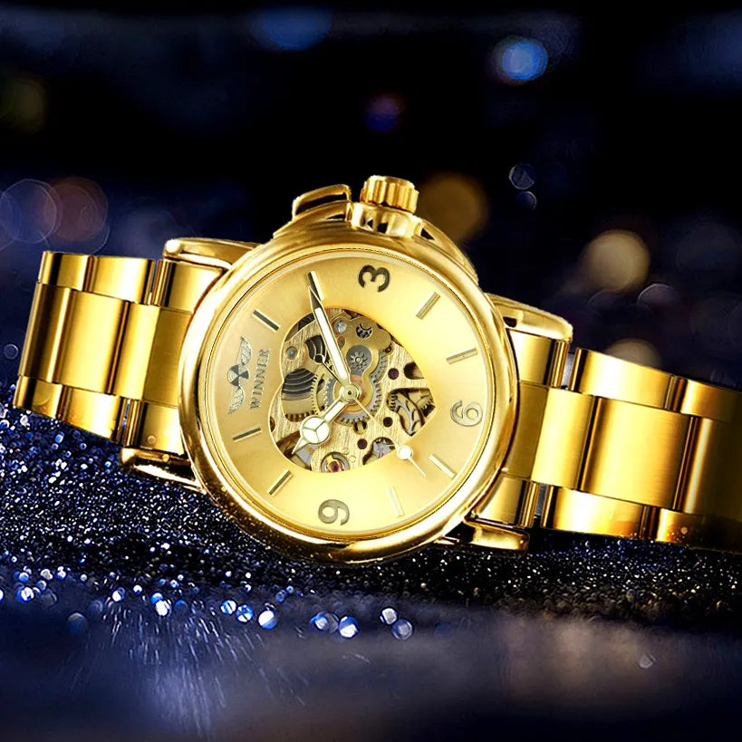 WINNER Fashion Skeleton Watch for Women Elegant Luxury Brand Automatic Mechanical Ladies Watches Gold Stainless Steel Strap 2023
