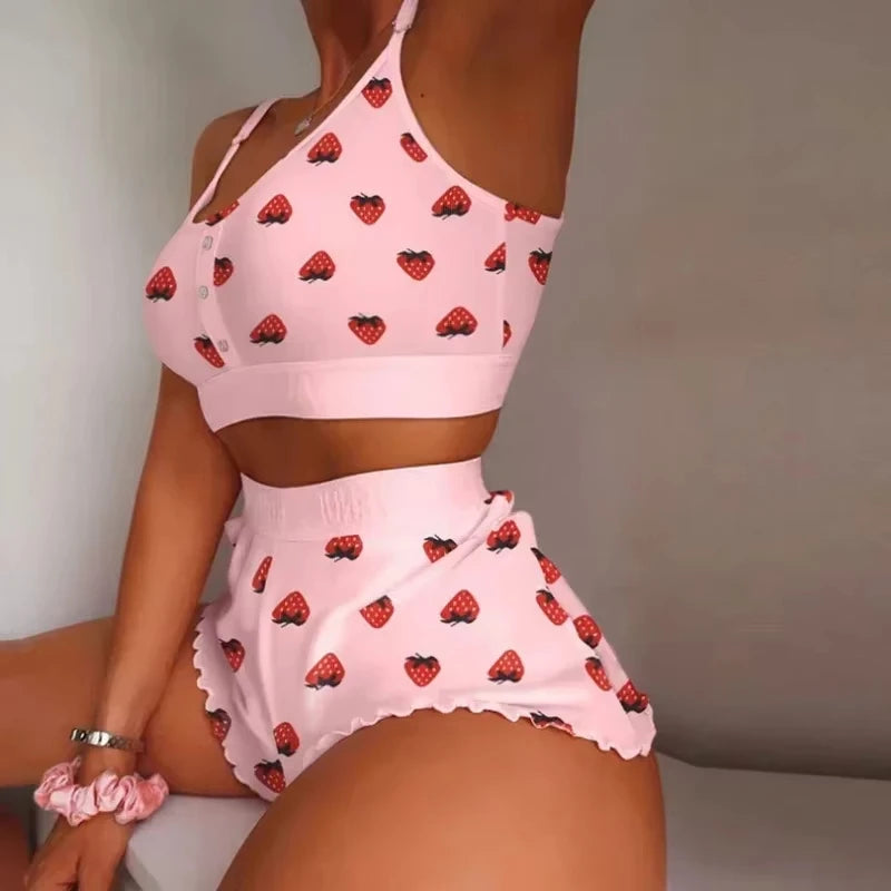 2025 New Women Sleepwear Lips Butterfly Print Home Suspended Pajamas Set Vest Bra Top Short Nightwear Lingerie Women's Nightgown