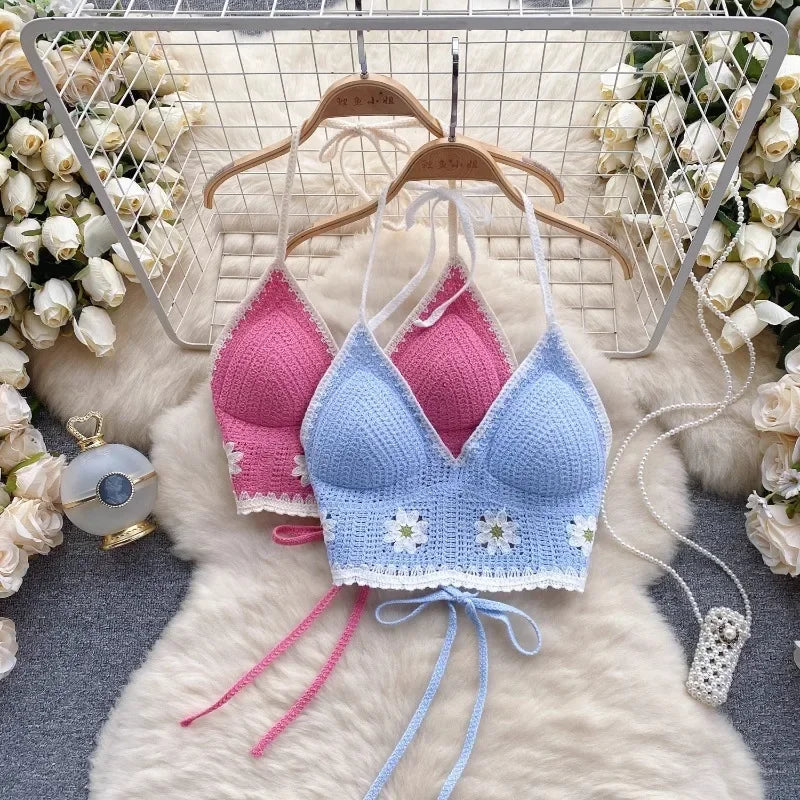 Vacation Style Camis Vest Women Patchwork Sweet Hook Flower Sexy Backless Suspender Camisole Hanging Neck Outwear Crop Tops