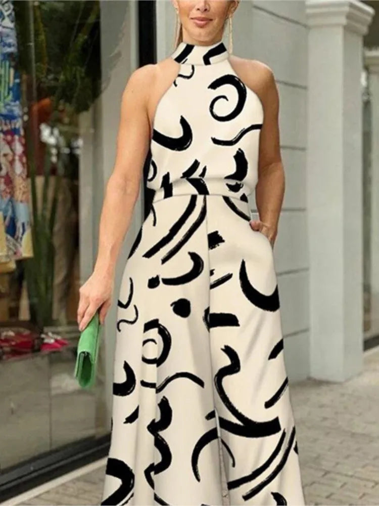 Women's New Fashion Round-neck Sexy Printed Jumpsuit Trousers Simple Sleeveless High Waist Tie Temperament Commuting Jumpsuit