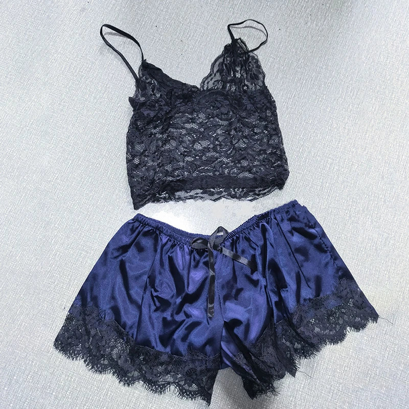 Womens Sexy Lace Sleepwear Lace Nachtkleding Lingerie Sleeveless V-Neck Babydoll Pajamas Set Lingerie Tops Shorts Set Nightwear