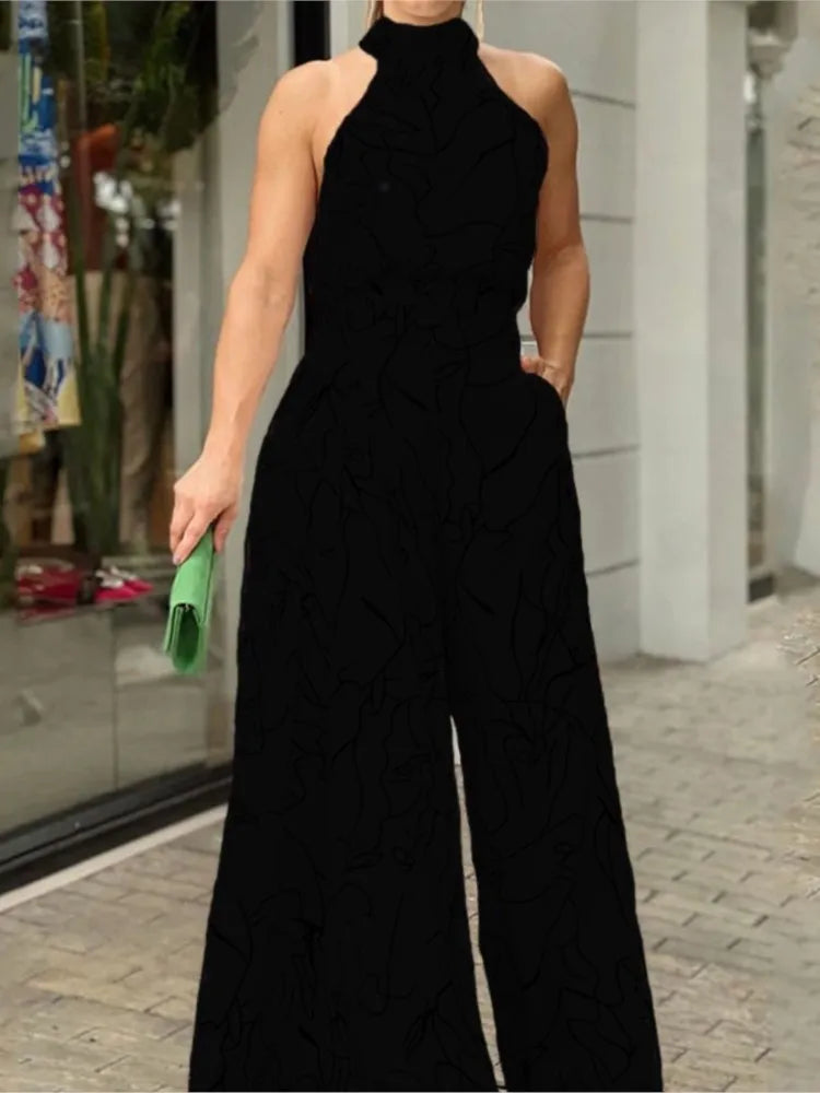 Women's New Fashion Round-neck Sexy Printed Jumpsuit Trousers Simple Sleeveless High Waist Tie Temperament Commuting Jumpsuit