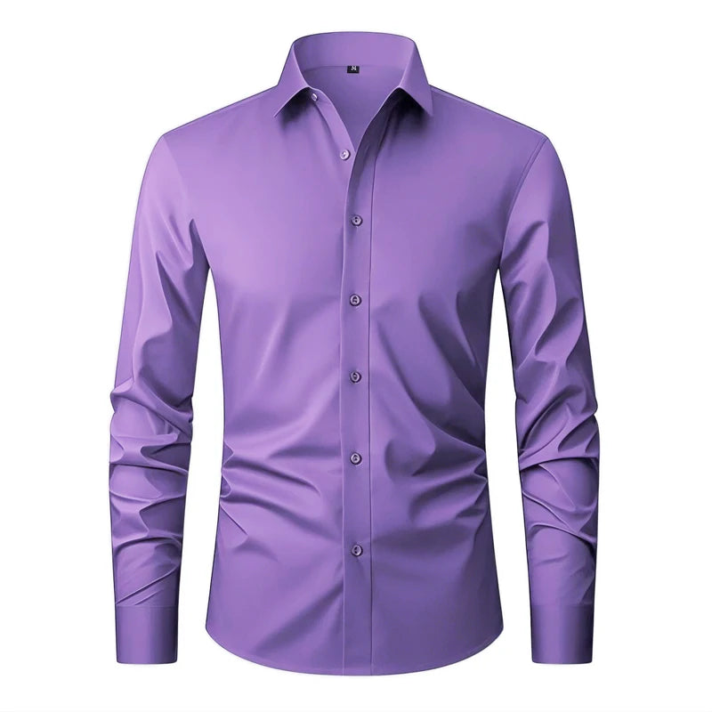 Hot New Mens Formal Shirts Long Sleeve Solid Color Anti-Wrinkle Stretch Fashion Business Free Slim Fit Office Social White Shirt