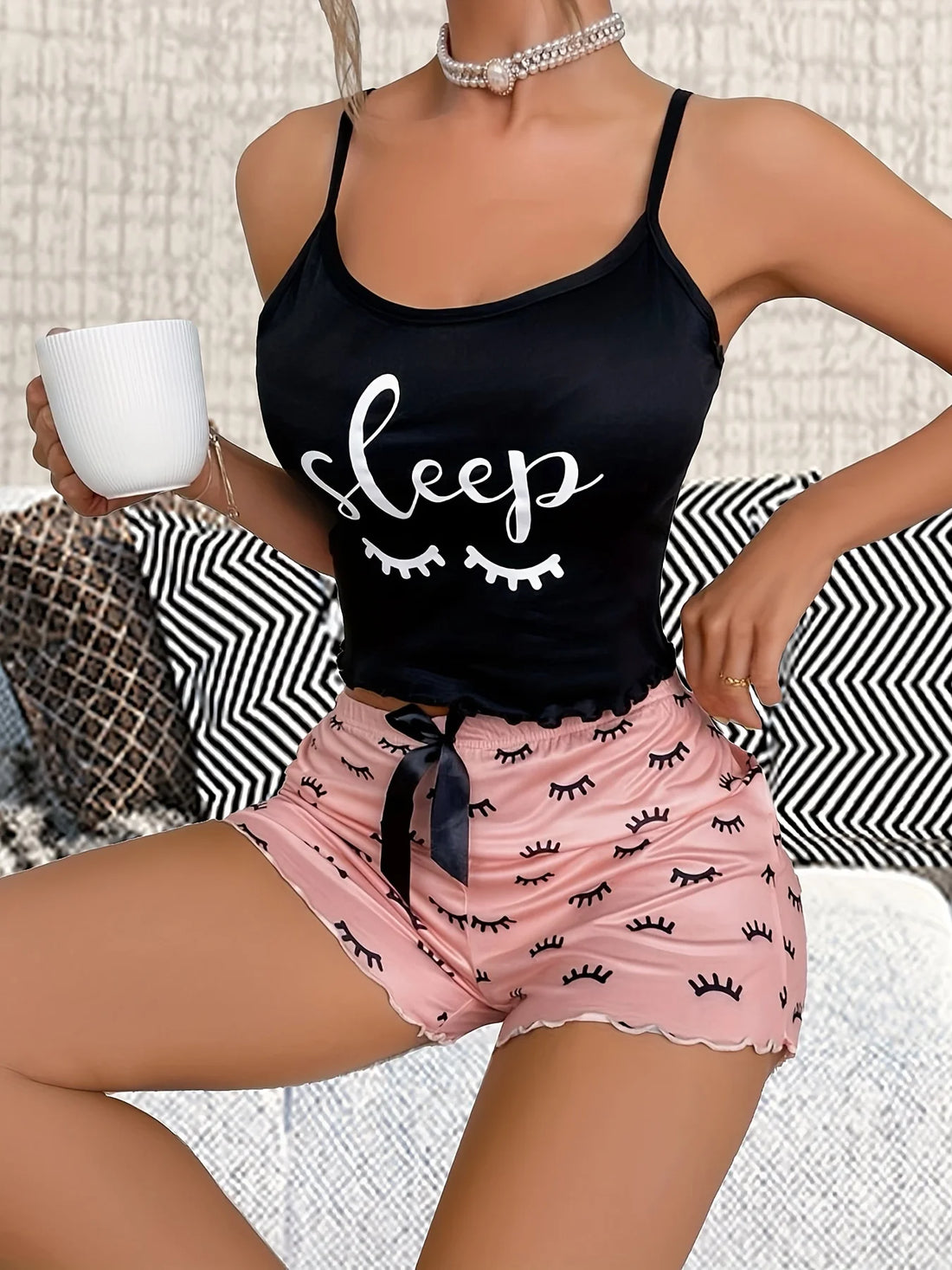 Women's Milk Silk Print Pajama Sleeveless Camisole Shorts Comfortable Sleepwear Loungewear Homewear Nightwear
