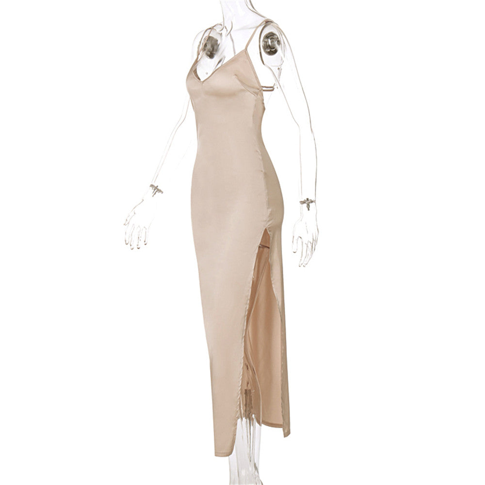 Women Summer Satin Silky Spaghetti Strap Split Long Dress Elegant Sleeveless Backless Club Party Beach Sexy Dresses Vestito 2021